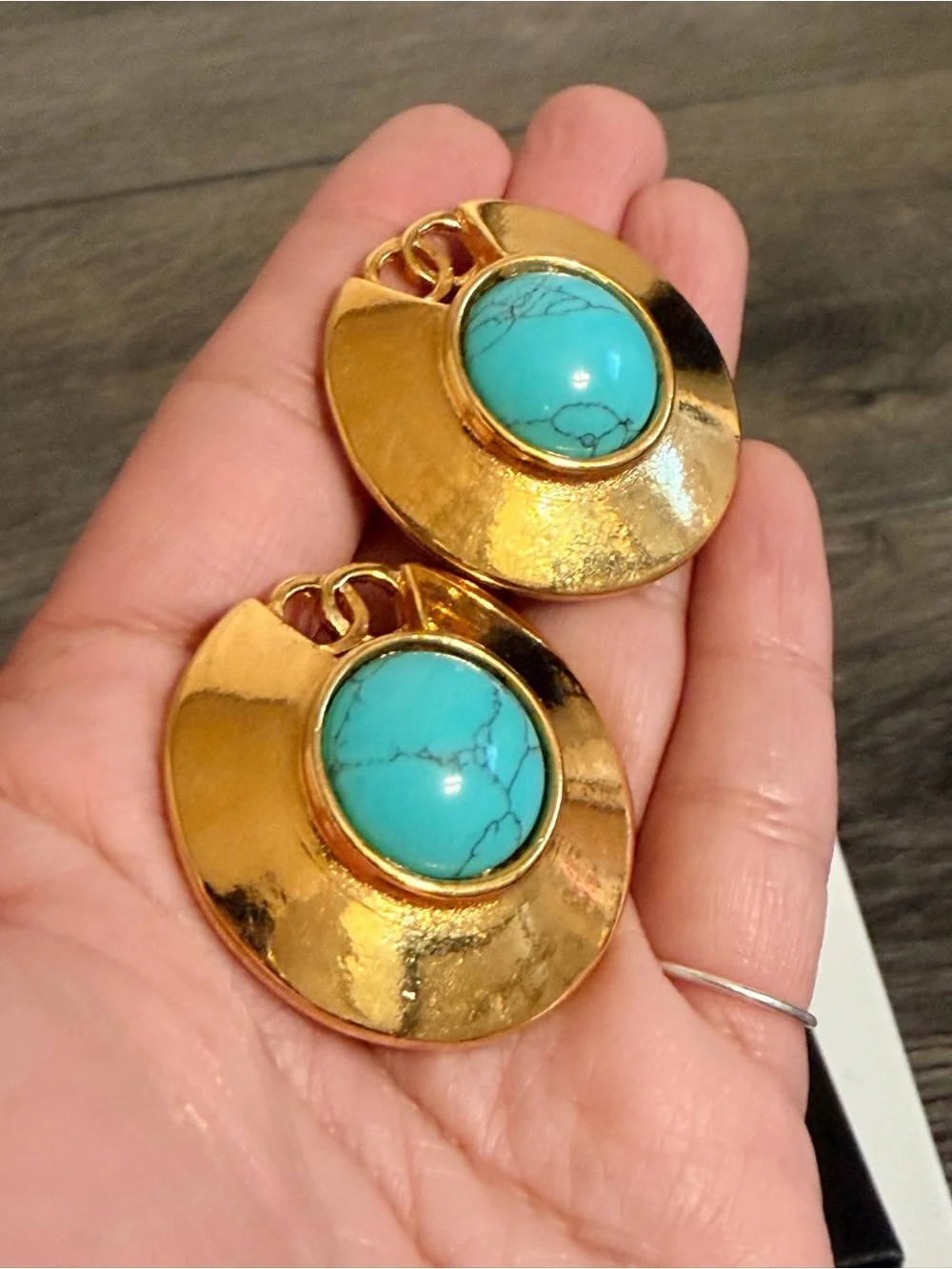 Chanel Vintage Gold Turquoise Stone CC Clip On Earrings